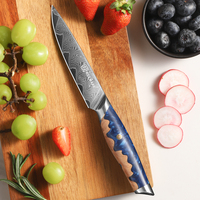 Couteau utilitaire de 5 pouces, couteau à éplucher les fruits, lame en acier Damas avec manche en bois de burl et résine pour la découpe des légumes en cuisine