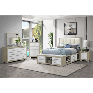Modern Adjustable Convertible Soft <b>Bed</b> with Natural and White Storage and LED Queen <b>Bed</b> - Product Image 5
