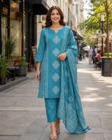 Ensemble Kurta, pantalon et dupatta pour femme, en coton élégant, séchage rapide, confortable, pour usage quotidien, tenue ethnique, col doux, tissu respirant, coupe classique