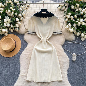 Vestidos <span class=keywords><strong>Midi</strong></span> de Punto con Cuello en Color Crema y Negro, Elegantes, Sexys, Casuales y Ajustados para Mujer, Verano - Product Image 3