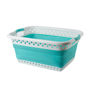 Collapsible Laundry Basket Rectangle Blue And Dark Gray Foldable Clothing Organizer Storage Basket For Bathroom Portable Use - Product Image 4