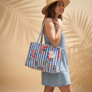 Handblock Print Leopard <b>Tote</b> Bag Blue White Stripes <b>Canvas</b> Open Closure Preppy Style Summer Winter Spring Shopping Bag - Product Image 3