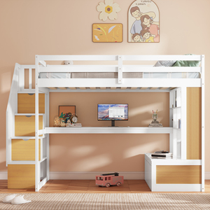 <span class=keywords><strong>Lit</strong></span> mezzanine pour enfants et adultes avec <span class=keywords><strong>bureau</strong></span> et étagères, deux tiroirs intégrés, escalier de rangement - Product Image 3