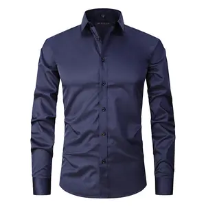 2022 New Fashion Men Office Elastic Solid Color Button Lapel Long Sleeve Dress Shirts Business Stretch Tops Blouse Casual Shirt