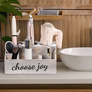 Caja de Almacenamiento de Madera para Baño, 50x30 cm, Organizador Rectangular de Cosméticos con Soporte para Secador de Pelo, Blanco Desgastado, Choose Joy - Product Image 4