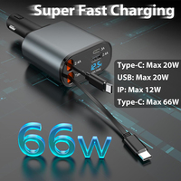 Chargeur de voiture rétractable 4-en-1 haute puissance avec câbles intégrés, ports USB à charge rapide, adaptateur portable pour téléphone portable