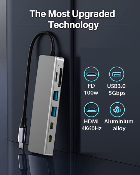 7 in 1 USB C Hub Type C Adapter Docking Station With 4K HD/USB-C/USB/SD/TF Card Reader /Audio Ports for Laptop