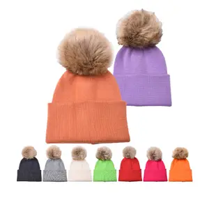 2022 인기있는 어린이 야외 스키 겨울 따뜻한 모자 단색 비니 pom-pom 니트 모자