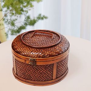 <b>Bamboo</b> Woven Storage <b>Basket</b> Round With Brass Clasp Kitchen Food Container - Product Image 1