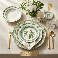 Service de vaisselle en céramique à bords ondulés modernes, plantes tropicales, assiettes en porcelaine, assiettes de service de luxe pour hôtel et restaurant, 6/8/10/12 pouces