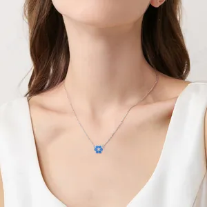 YILUN Classique 925 Sterling Silver Flower Shaped Blue Zirconia Pendant Necklace Rhodium Plated Birthstone Luxury Necklace Jewelry
