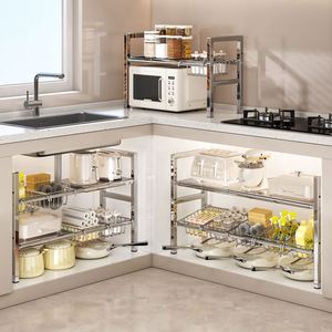 Steel <b>Kitchen</b> Storage Organizer-Pull-Out Under Sink Cabinet Rack Removable Shelves Durable Waterproof for Pantry Organization - Product Image 1
