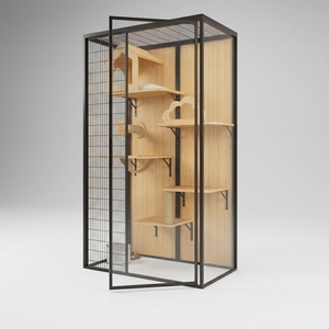 Condo pour animaux de compagnie de luxe moderne, personnalisable, avec structure en acier au carbone massif, panneaux en bois de caoutchouc, verre trempé, roulettes mobiles et grand espace pour chat - Product Image 1