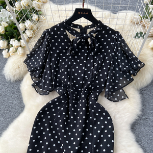 <span class=keywords><strong>Robe</strong></span> d'été sirène romaine pour femmes manches <span class=keywords><strong>évasée</strong></span>s Empire Polka Dot Hollow Out Lace Dress Black - Product Image 2