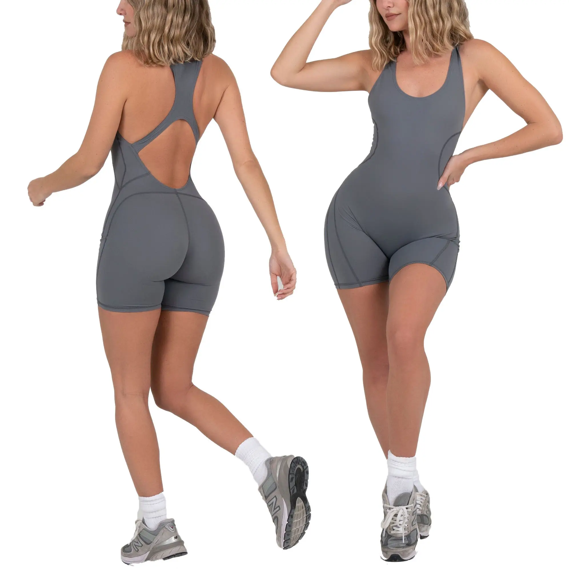 Decheng Activewear Fitness Jumpsuit Vrouwen Een Stuk Korte Mouw Volwassen Skinny Workout Rompers Jumpsuits