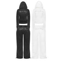 Ensemble de survêtement pour femme, style Y2K, avec logo en strass, crop top, jupe, vintage, brut, délavé, deux pièces, pantalon de survêtement tendance
