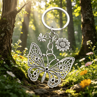 Porte-clés vintage en argent antique avec breloques papillon, tournesol et abeille, bijou fantaisie, cadeau pour femmes et filles