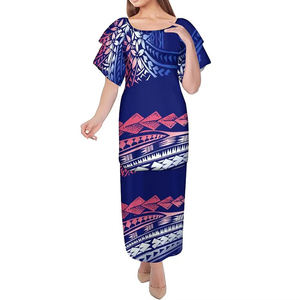 Vestido Formal Maxi Personalizado con Cuello Redondo para Mujer, Manga de Doble Capa, Estampado Tribal Polinesio, Impresión Digital, Transpirable y Elegante - Product Image 1