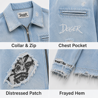 Fabricant de vestes sur mesure, veste en denim bleu clair délavé pour homme, ourlet brut, imprimé graphique, fermeture éclair, streetwear urbain