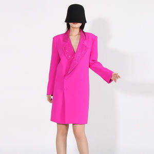 Vintagas Blazer simple boutonnage Long manteau avec diamants épissés col cranté vêtements d'extérieur décontractés tissu tissé teint en plaine - Product Image 2