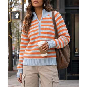 Pull personnalisé pour femme à demi-zip, rayé, à manches longues, en tricot côtelé, coupe oversize, col roulé décontracté - Product Image 4