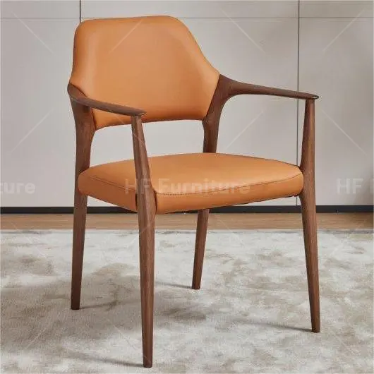 Chaise de loisirs accoudoir en noyer au design simple Fauteuils en cuir orange pour meubles de salon