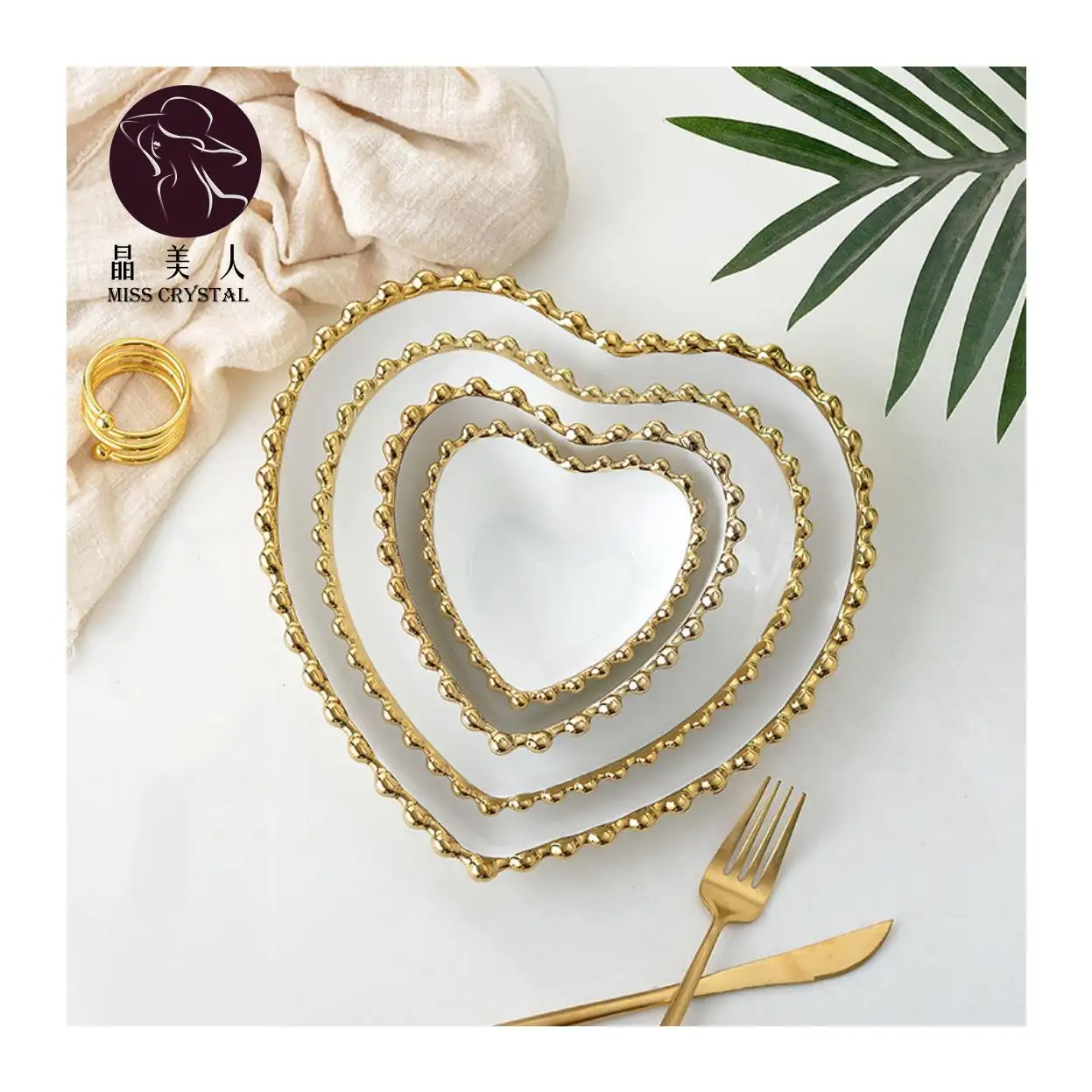 Heart Shape Gold beaded Ceramic Plate White Pearl Steak Pasta Dinner Plates Soup Bowls Tableware