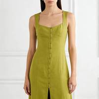 Robe midi élégante à col carré sans manches |   Tenue de bureau et de soirée avec fente boutonnée sur le devant