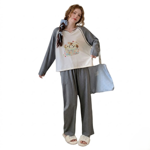 Pijama de algodón de fibra larga 95% antibacteriano 2026 para mujer, conjunto de ropa de dormir de manga larga con cuello en V y estampado de cachorro, elástico y cómodo. - Product Image 3