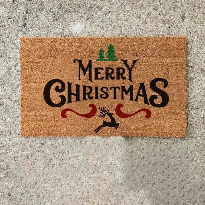 Frohe Weihnachten Custom ized Logo gedruckt Brown Coir Fuß matte 40 X60cm Coco Coir Faser Tür matte mit Wort