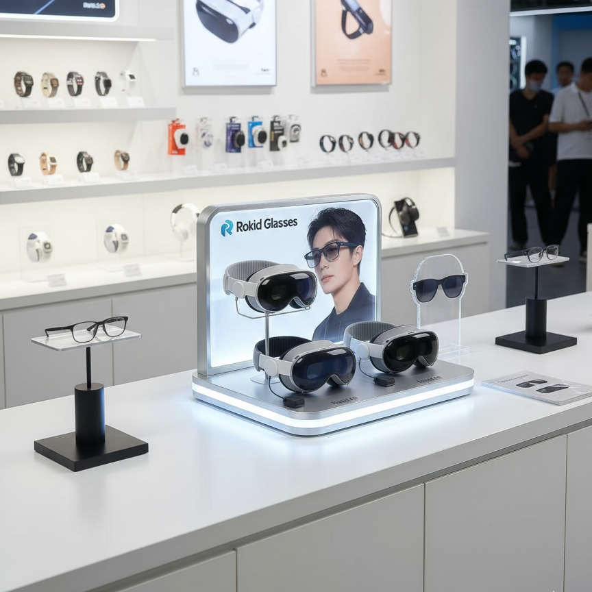 Apache Custom Acrylic Desktop AI Smart Glasses Display Stand with LED Light Box Eyewear Showstand for Electronic & Retail Store