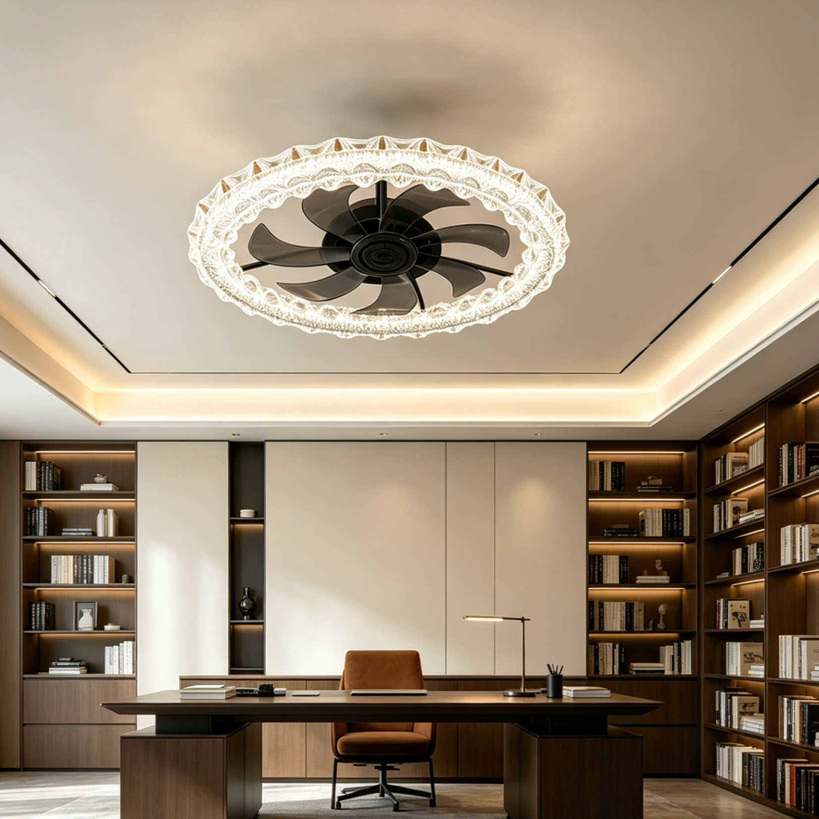 Wholesale Luxury Crystal Edge Ceiling Fan Light LED Dimmable Silent Flush Mount Fan Lamp