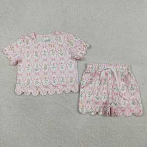 GSSO3271 RTS Ensemble de vêtements pour petite fille active, imprimé fleurs roses, vente en gros, ensemble à manches courtes, ensemble festonné pour enfant - Product Image 2