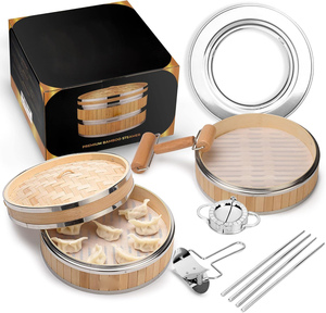 Two Tier Bamboo Steamer Basket Reusable Silicone Liner Eco-Friendly 2L Capacity for Cooking Dim Sum Bao Buns Rice <strong>Fish</strong> Meat - Product Image 1