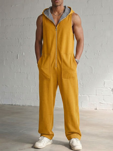 Tuta Intera Estiva da <span class=keywords><strong>Uomo</strong></span> Nera Senza Maniche con Cappuccio e Fodera a Righe, Leggera e Casual con Zip Integrale - Ultima Moda, Offerta Speciale - Product Image 3