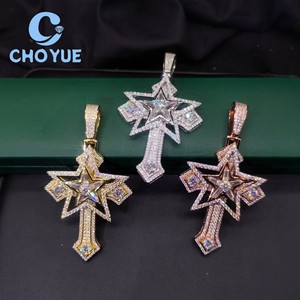 Factory Costom 925 Sterling <b>Silver</b> Luxury Star Cross Moissanite Men Pendant Hip Hop <b>Charm</b> for Men Pass Diamond Tester GRA - Product Image 4