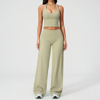 Ensemble 2 pièces de sport pour femme : débardeur licou et pantalon droit à jambes larges, effet seconde peau, pour le yoga, le fitness, la gym et les tenues décontractées