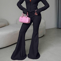 Vêtements de détente pour femmes en gros, rose, chaud, élégant, confortable, ensemble 2 pièces, veste zippée avec trous pour les pouces, pantalon évasé, fournisseur