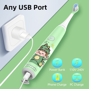 Kids Sonic <b>Electric</b> Toothbrush Soft Bristles Rechargeable Type C <b>Waterproof</b> IPX7 3+ Ages Green Dinosaur Design - Product Image 5