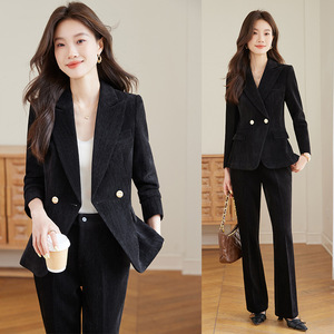 Velvet Suit For Women Autumn Winter Double Breasted <b>Blazer</b> Pants <b>Set</b> Work Commute Outfit Straight Silhouette Comfortable Fit - Product Image 1