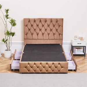 Marco de cama marrón moderno Tapicería de terciopelo suave Diseño de <span class=keywords><strong>cabecero</strong></span> con mechones profundos con cajones de almacenamiento - Product Image 1