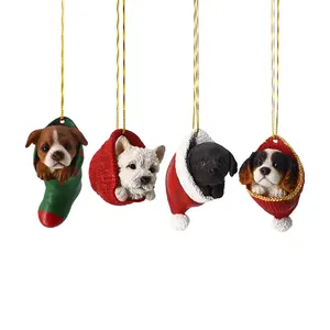Patung Kecil Lucu Kerajinan Anjing Ornamen Natal Polyresin, Ornamen Anjing Gantung Buatan Tangan Resin untuk Pohon Natal/
