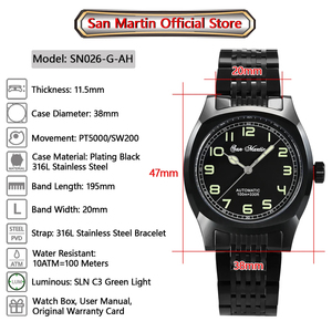 Reloj Mecánico para Hombre <span class=keywords><strong>San</strong></span> <span class=keywords><strong>Martin</strong></span> SN0026-G-AH, Diseño Original, Plateado Negro, Estilo Deportivo Vintage, Simple, Clásico y de Lujo - Product Image 2