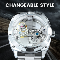 Montre mécanique automatique Winner GMT1165, design transparent, squelette, bracelet en acier inoxydable, montre-bracelet pour homme