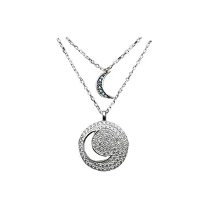奢华珠宝月亮两层项链微秘路925纯银立方氧化锆项链饰品
