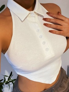 Top corto tipo <span class=keywords><strong>polo</strong></span> halter acanalado para <span class=keywords><strong>mujer</strong></span> con cuello, cremallera de botones, bajo asimétrico y sin mangas, estilo casual - Product Image 3