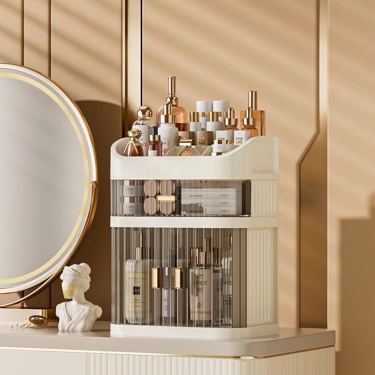 Cosmetic storage box three layers with drawer-cream yellow