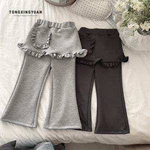 Tongxingyuan Baby Girls Flare Pants Gray Black Breathable With Ruffle Design Spring Autumn Casual Wear - Product Image 1