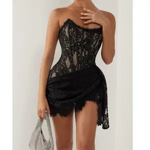 Sexy Black Lace Sleeveless Tube Mini Party Dress For Women