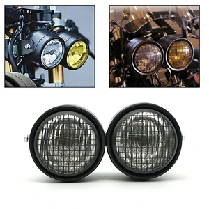 Faro delantero doble de malla redonda para motocicleta Harley Retro, carcasa negra, lente amarilla transparente con cubierta de rejilla - Product Image 2